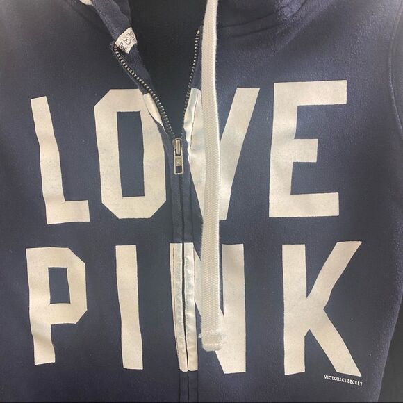 Pink Victoria Secret Navy Hooded Sweatshirt Sz S - Picture 2 of 7